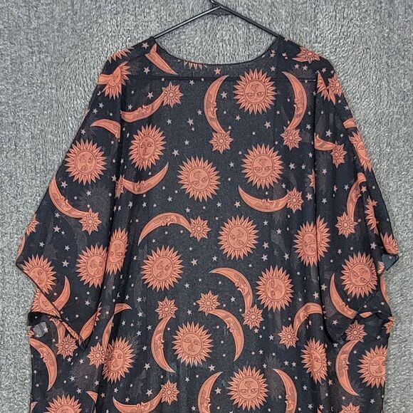 Celestial Kimono Womens One Size Black Brown Sheer Sun Moon Stars Midi Cover Up - Picture 12 of 15